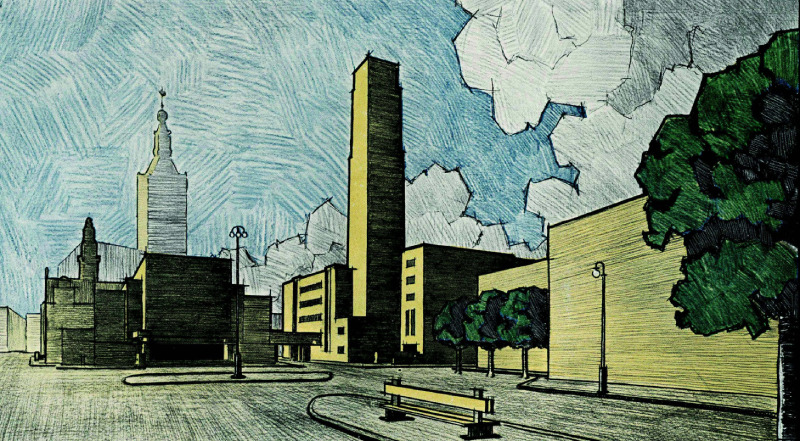 Schetsontwerp stadhuis Groenmarkt, 1929, architecten Berlage en Limburg. Bron Haags Gemeentearchief.